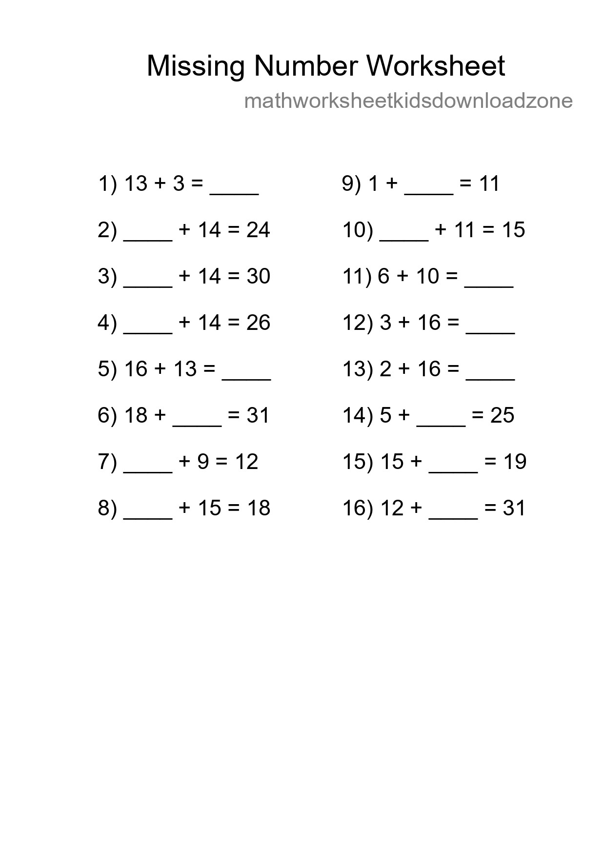 Missing Number Math Worksheet