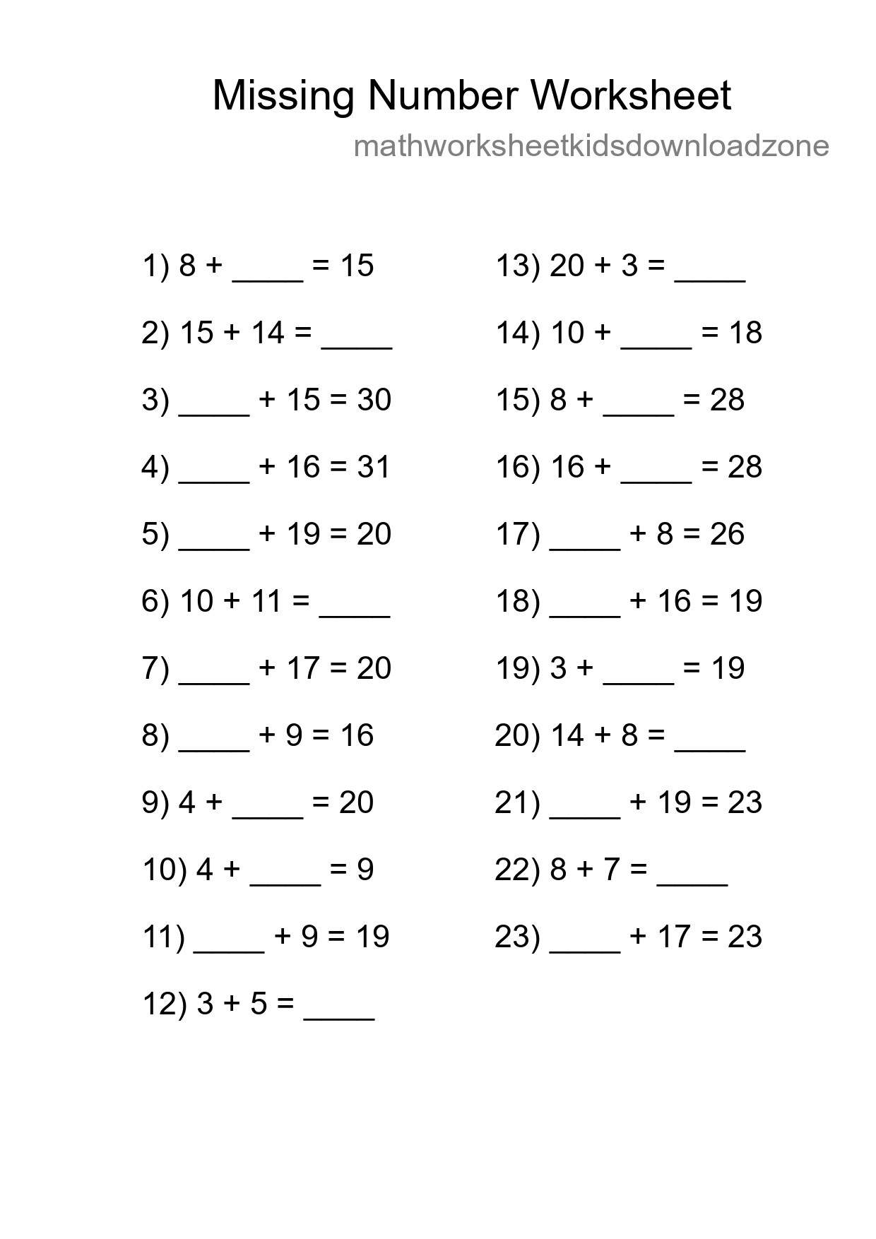 Missing Number Math Worksheet