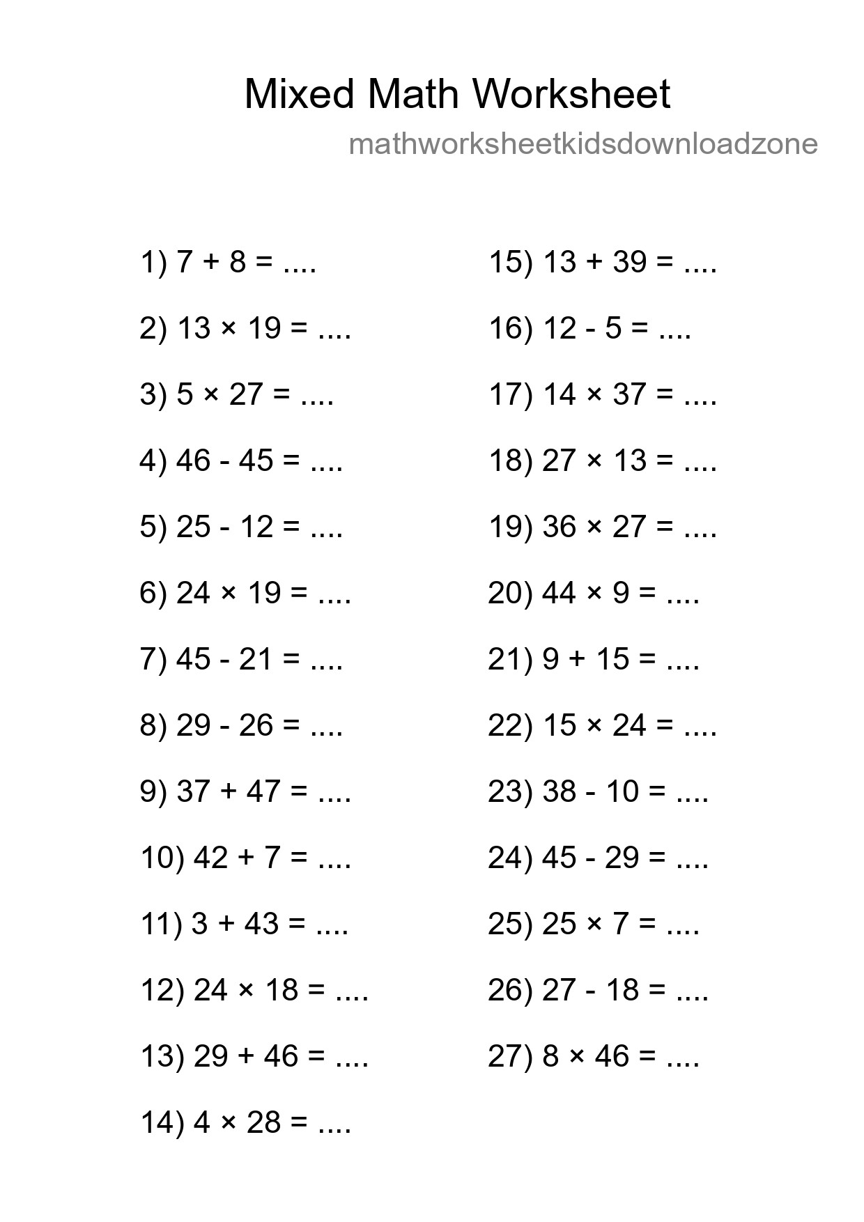 Mixed Operations Math Worksheet