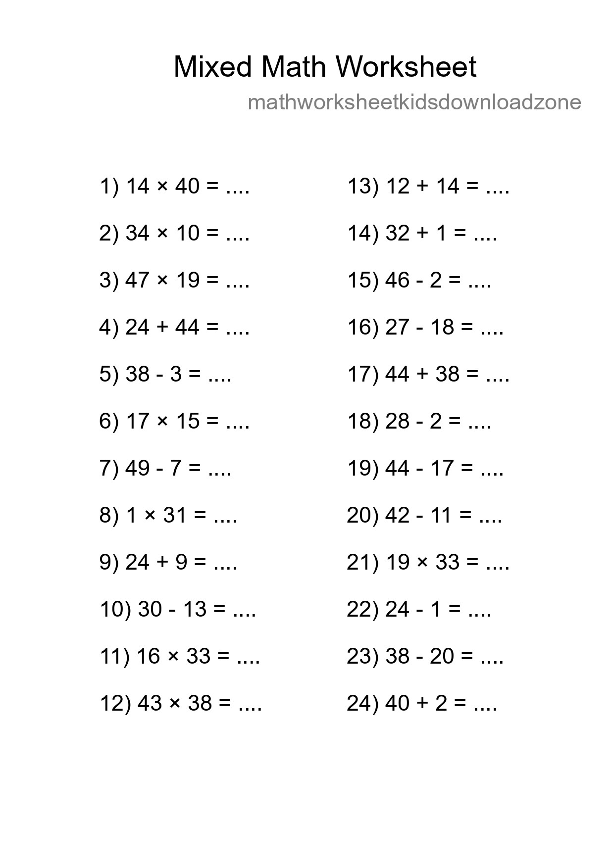 Mixed Operations Math Worksheet