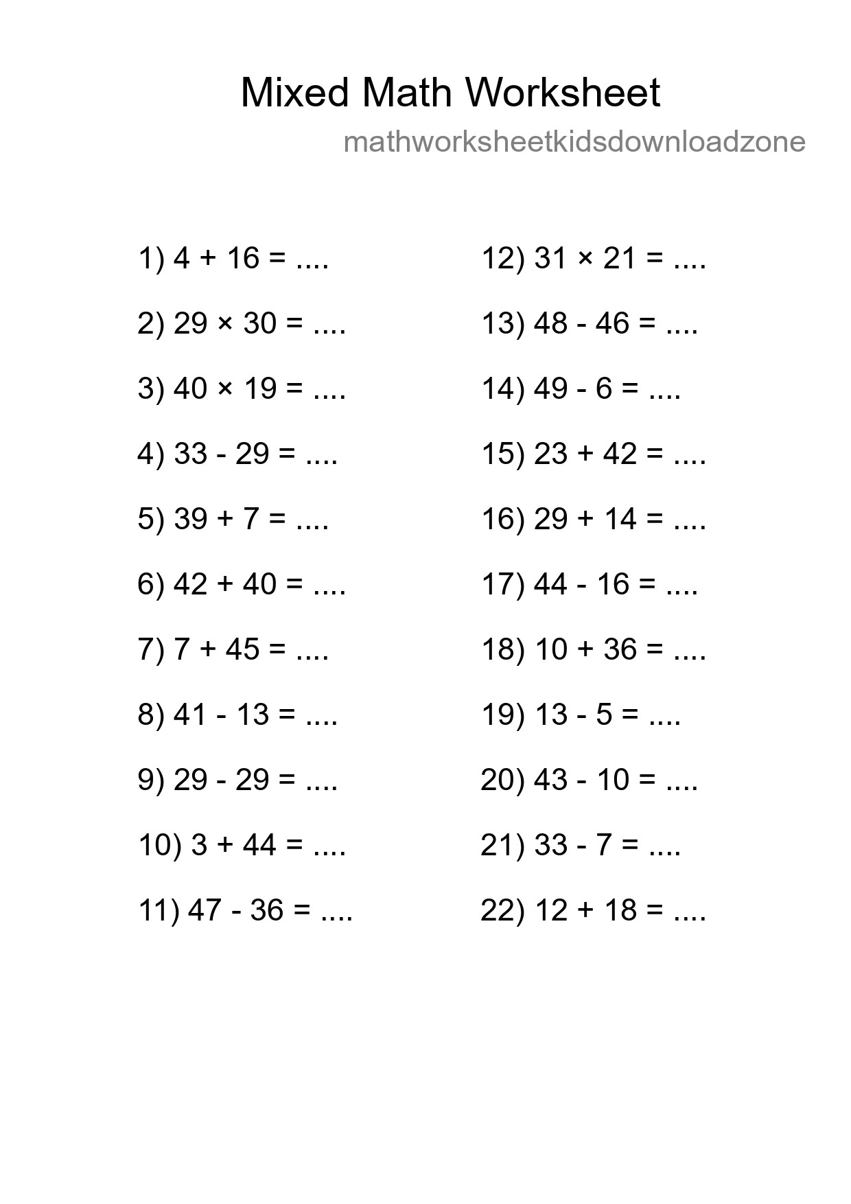 Mixed Operations Math Worksheet