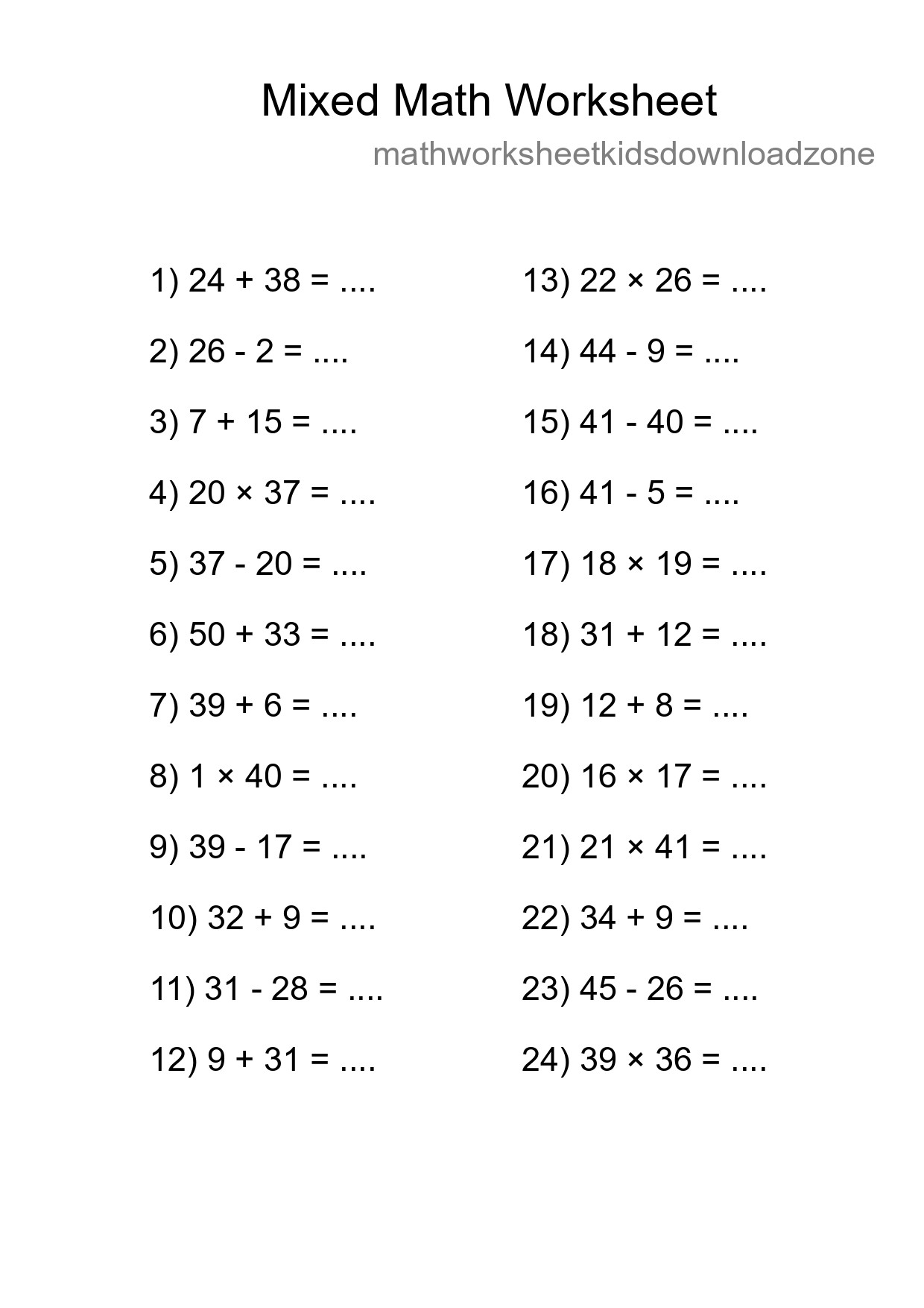 Mixed Operations Math Worksheet