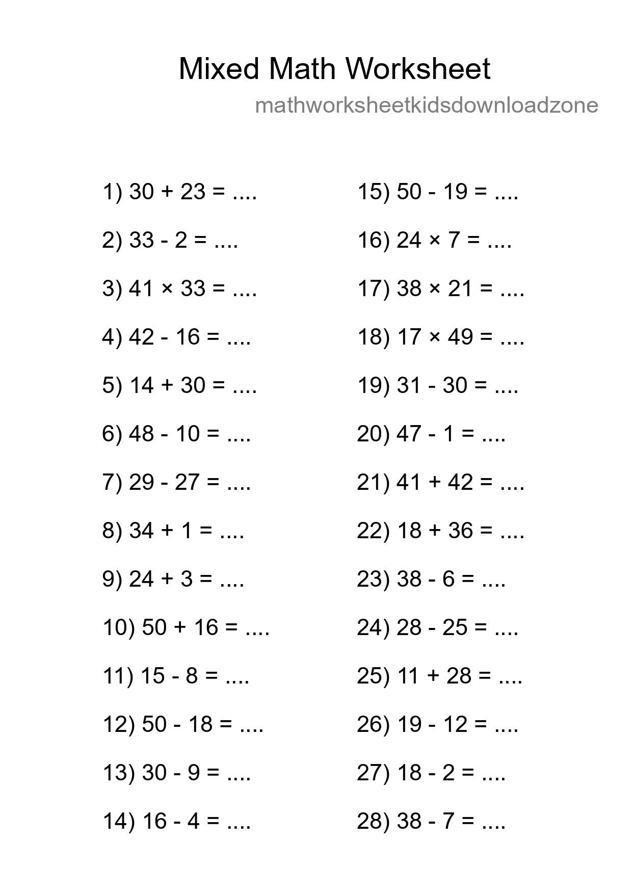 Mixed Operations Math Worksheet