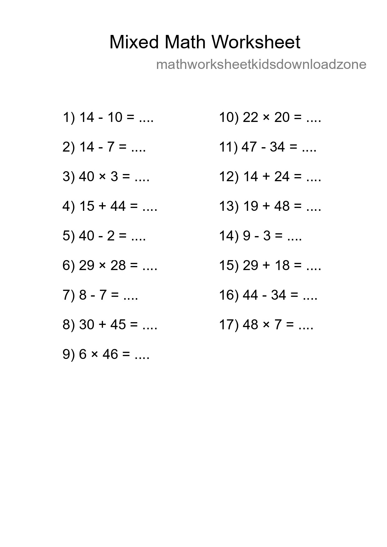Mixed Operations Math Worksheet