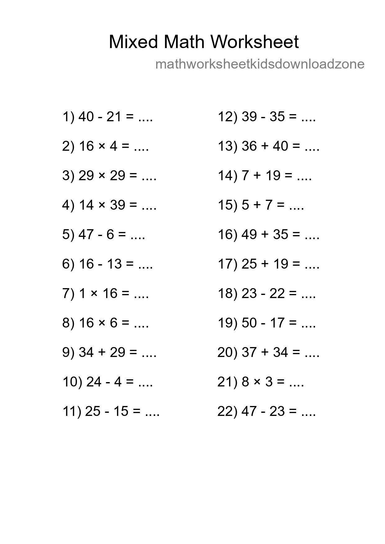 Mixed Operations Math Worksheet
