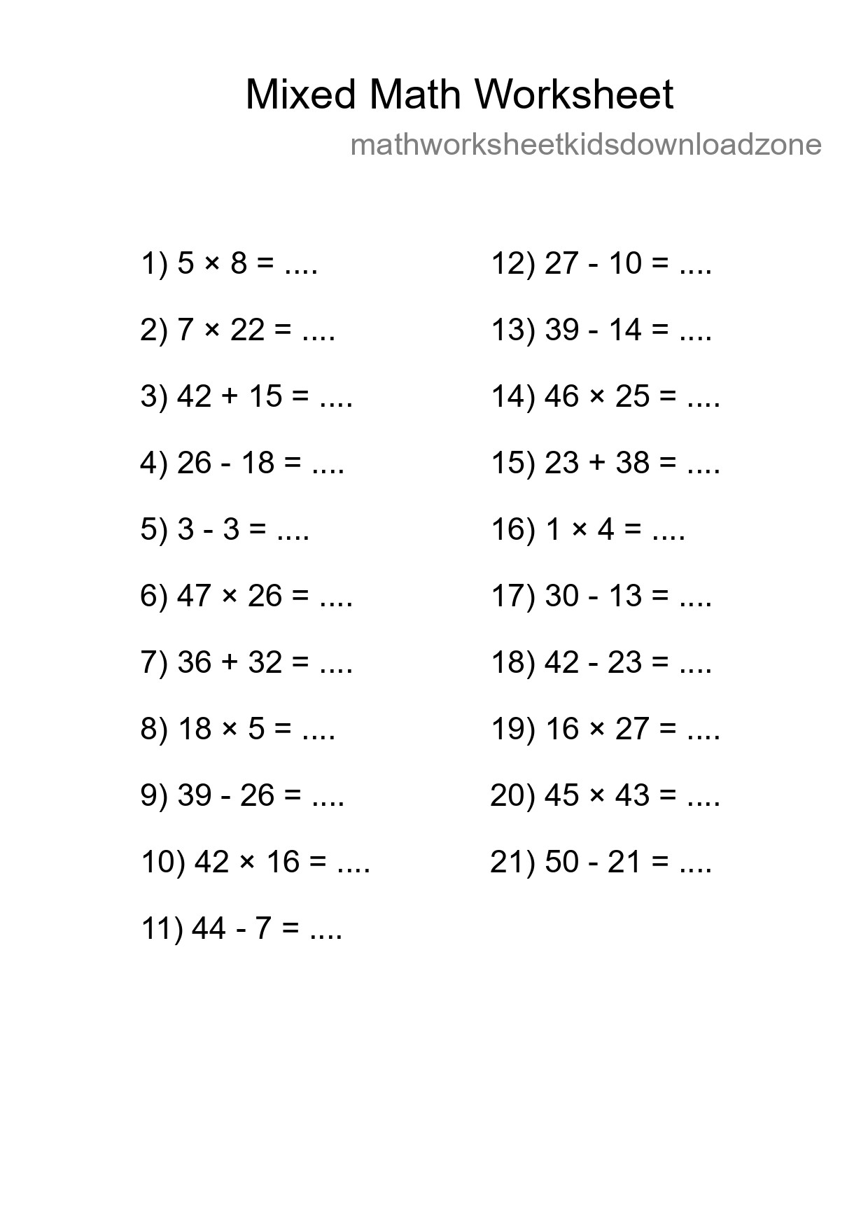 Mixed Operations Math Worksheet