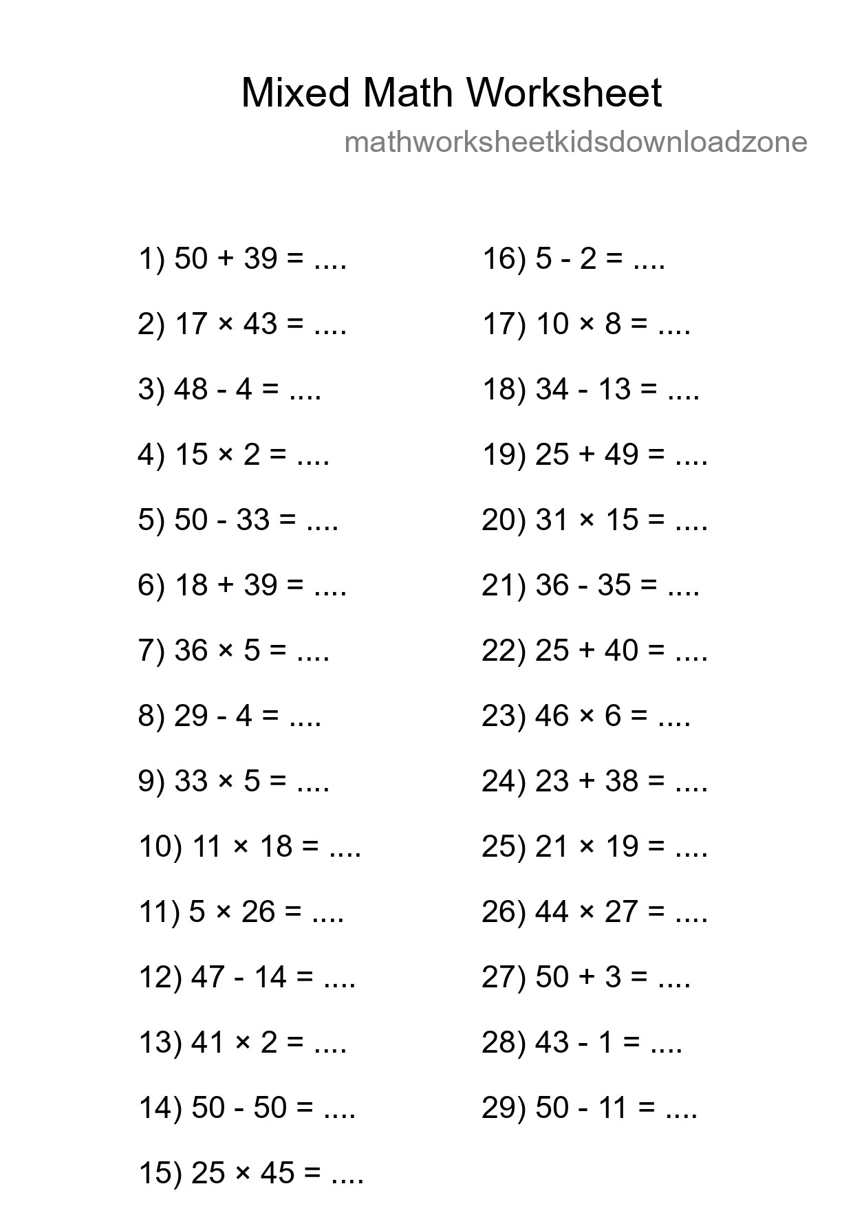 Mixed Operations Math Worksheet