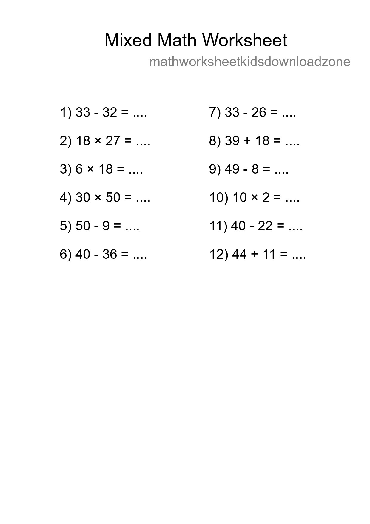 Mixed Operations Math Worksheet