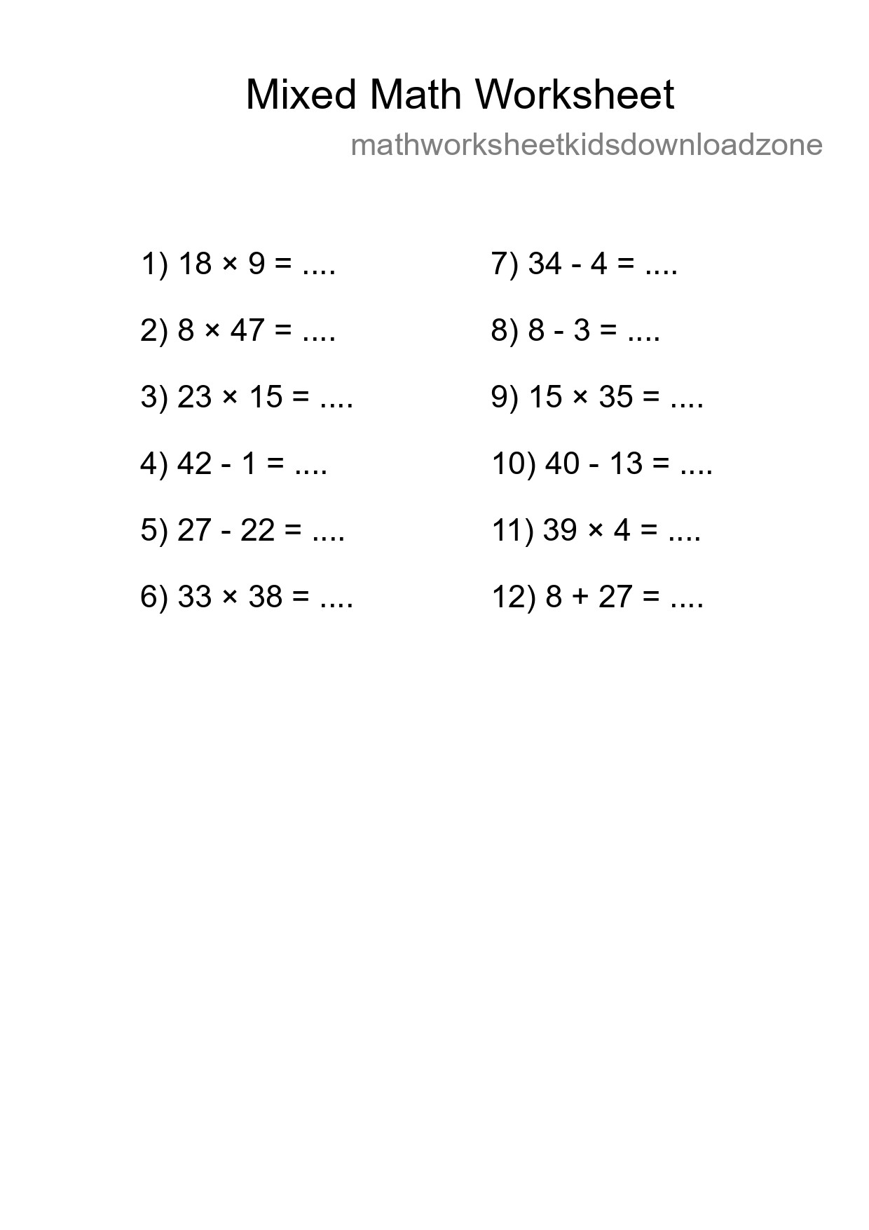 Mixed Operations Math Worksheet