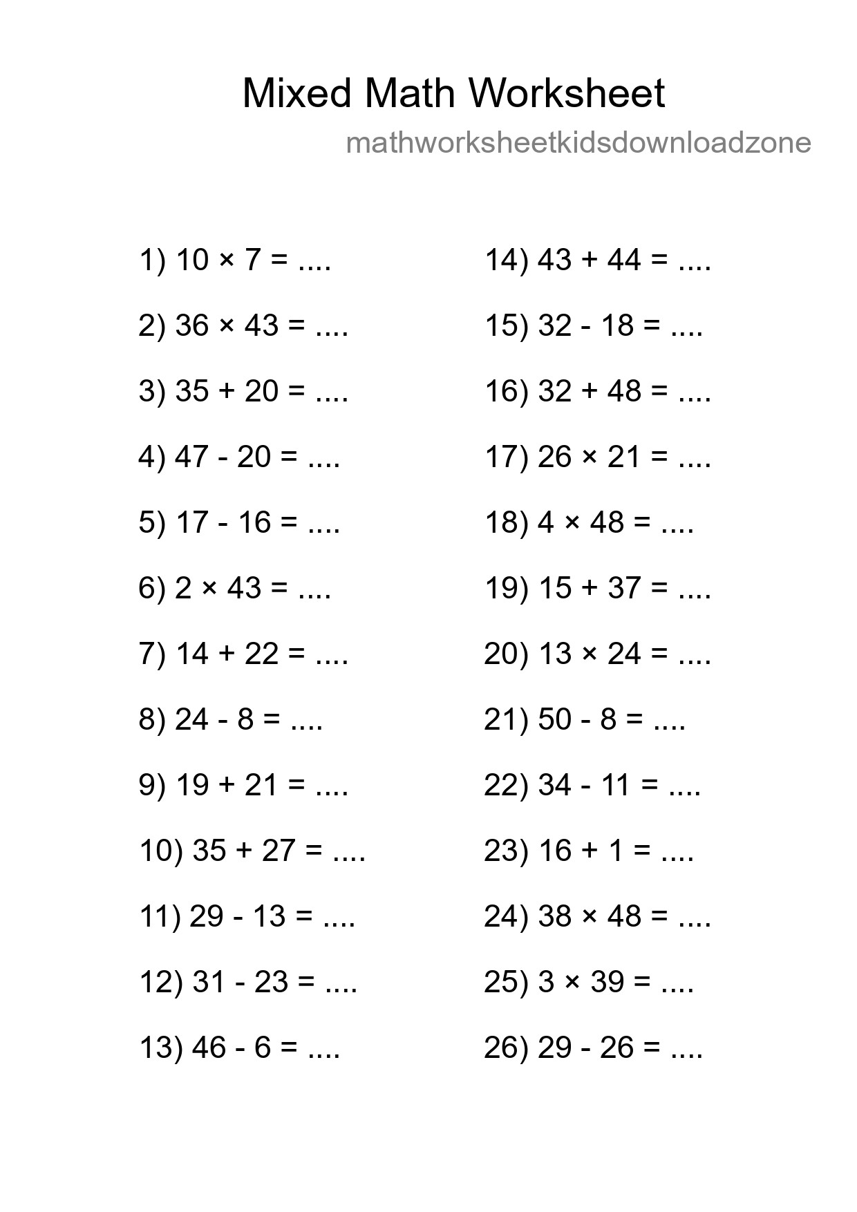 Mixed Operations Math Worksheet