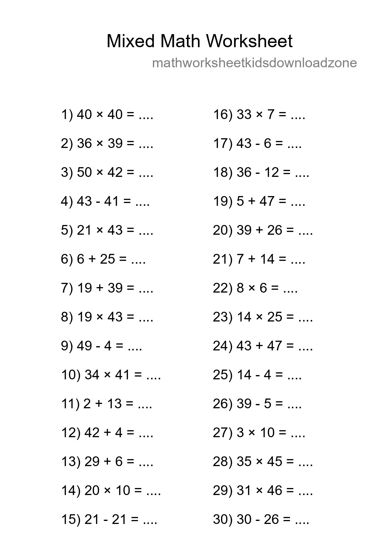 Mixed Operations Math Worksheet