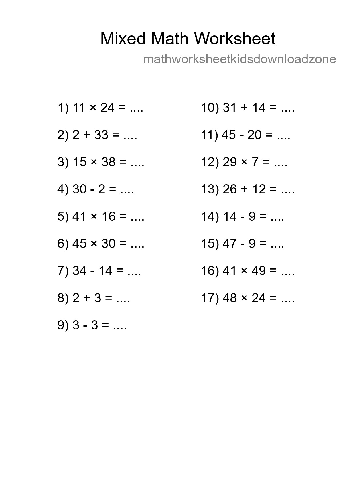 Mixed Operations Math Worksheet
