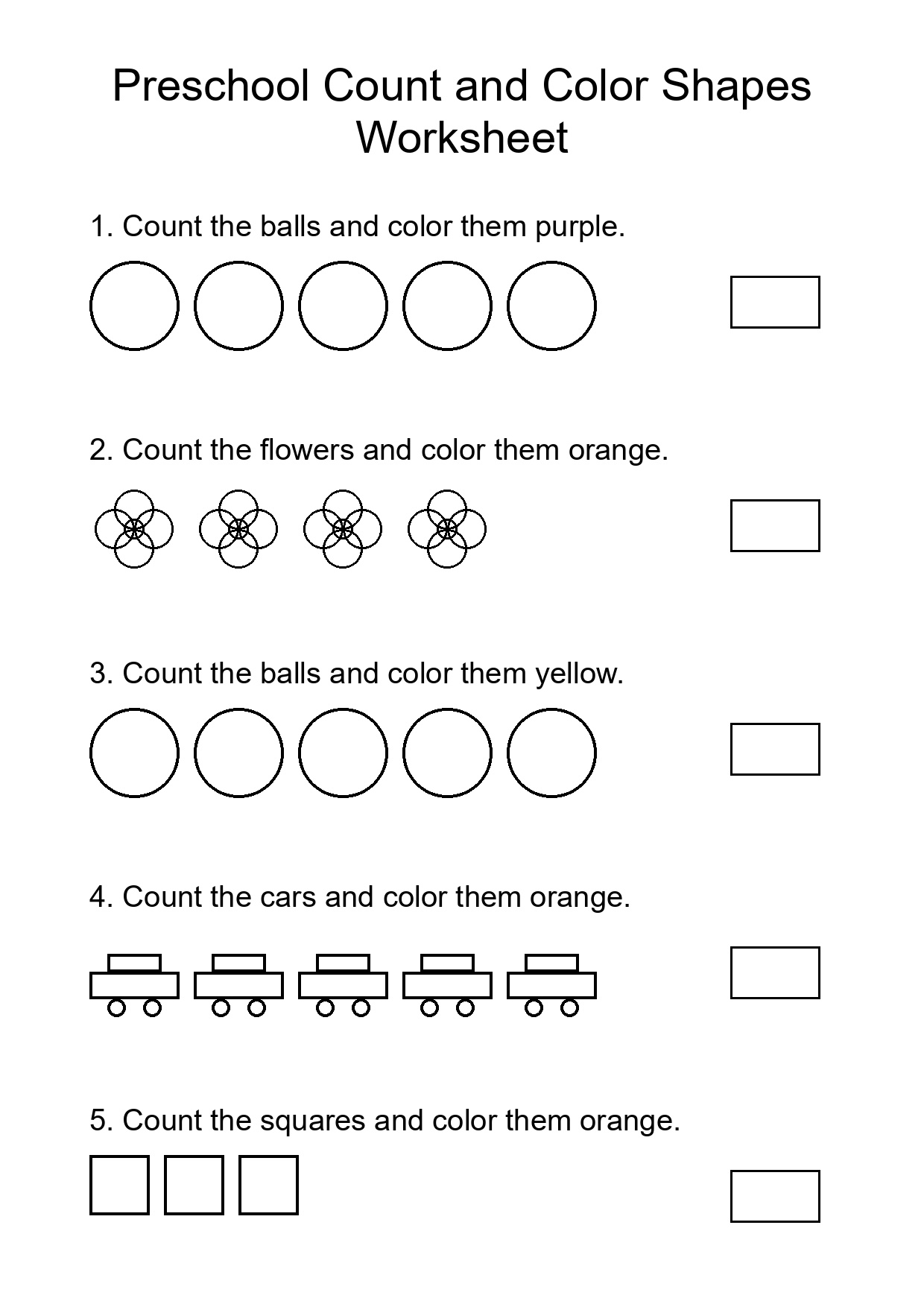 Preschool Count and Color Shapes Worksheet