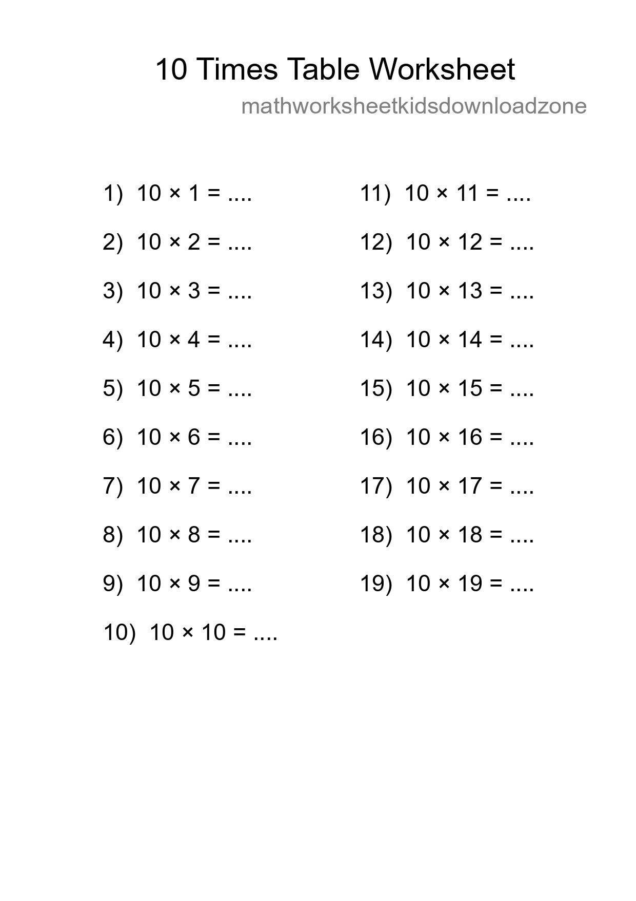 Printable 10 Times Table Worksheet For Grade 3 - Part 207