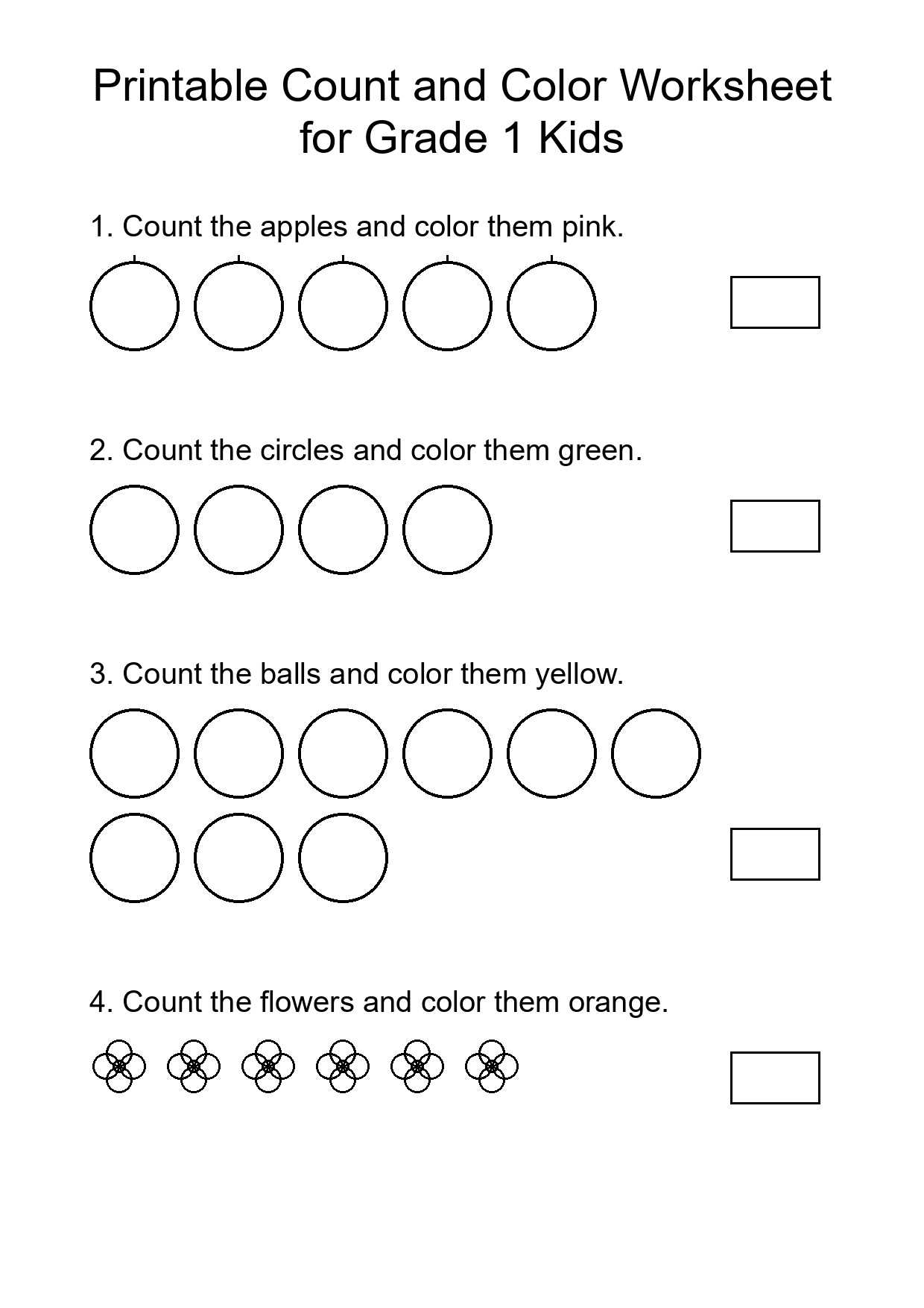 Printable Count and Color Worksheet for Grade 1 Kids