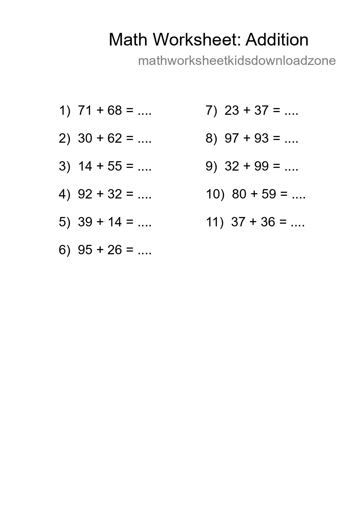 Printable Free 11 Addition Math Worksheet For Grade 3 - Part 188