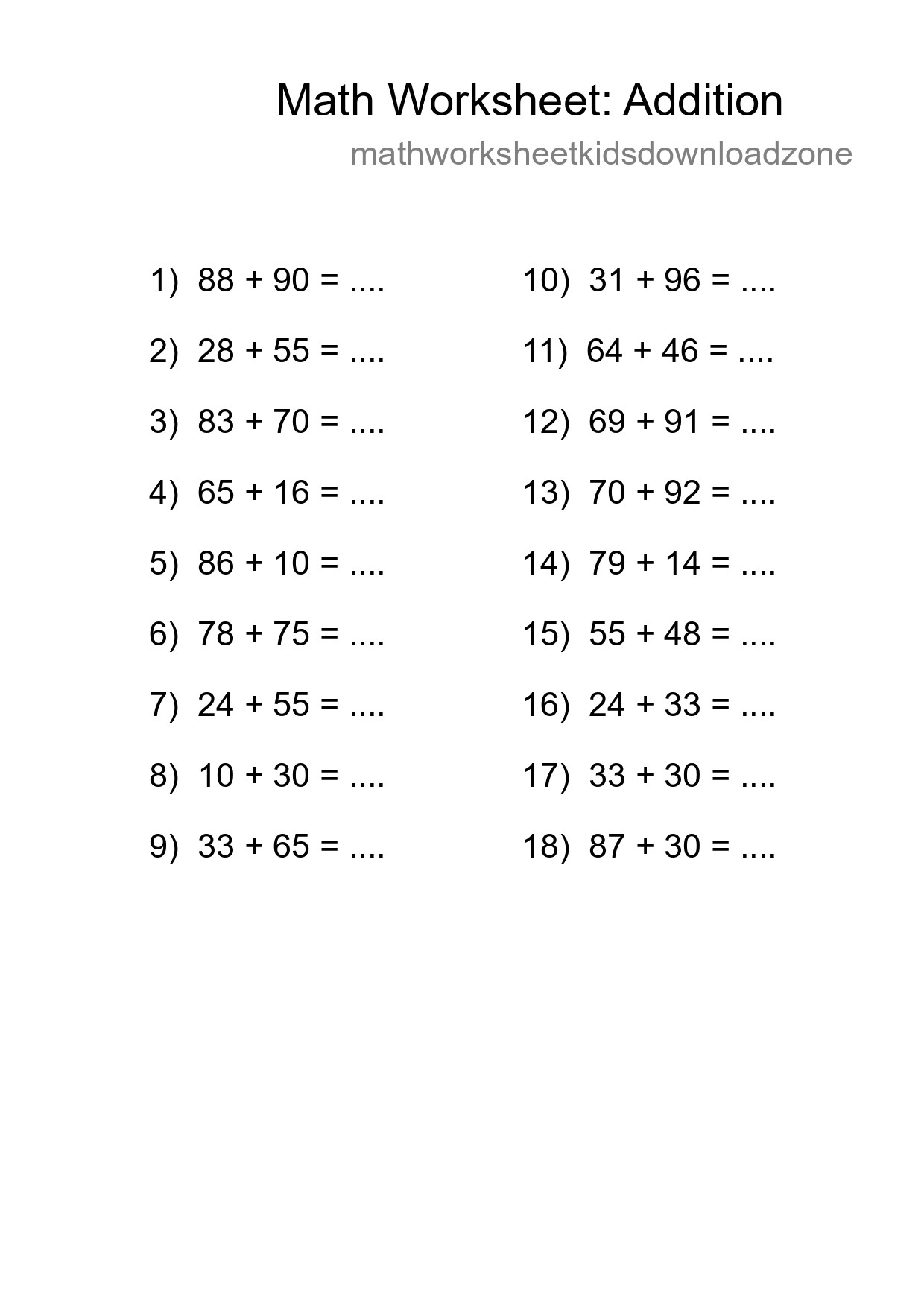 Printable Free 18 Addition Math Worksheet For Grade 3 - Part 221