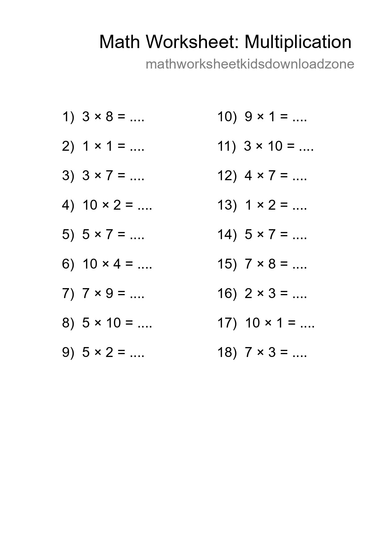 Printable Free 18 Multiplication Math Worksheet For Grade 1 - Part 95
