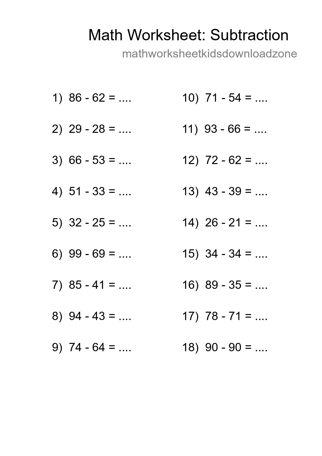 Printable Free 18 Subtraction Math Worksheet For Grade 3 - Part 151