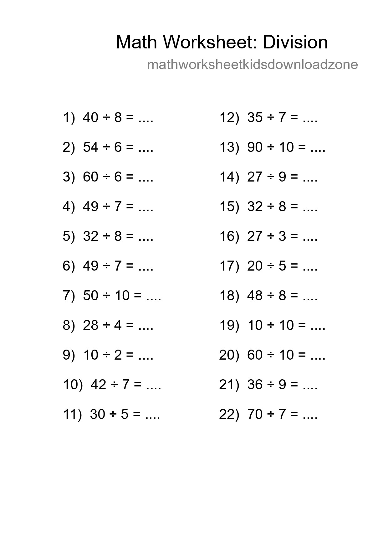 Printable Free 22 Division Math Worksheet For Grade 1 - Part 169