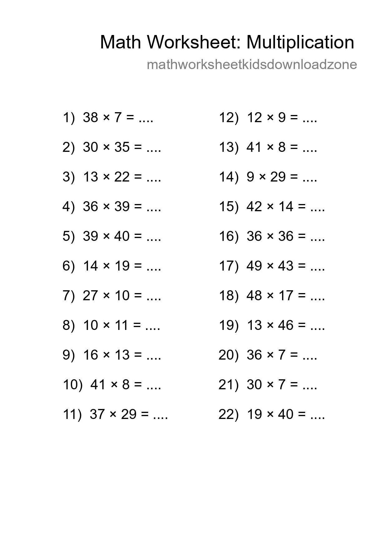 Printable Free 22 Multiplication Math Worksheet For Grade 2 - Part 216