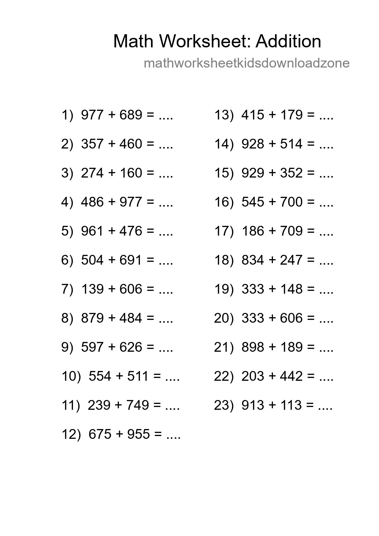 Printable Free 23 Addition Math Worksheet For Grade 5 - Part 166