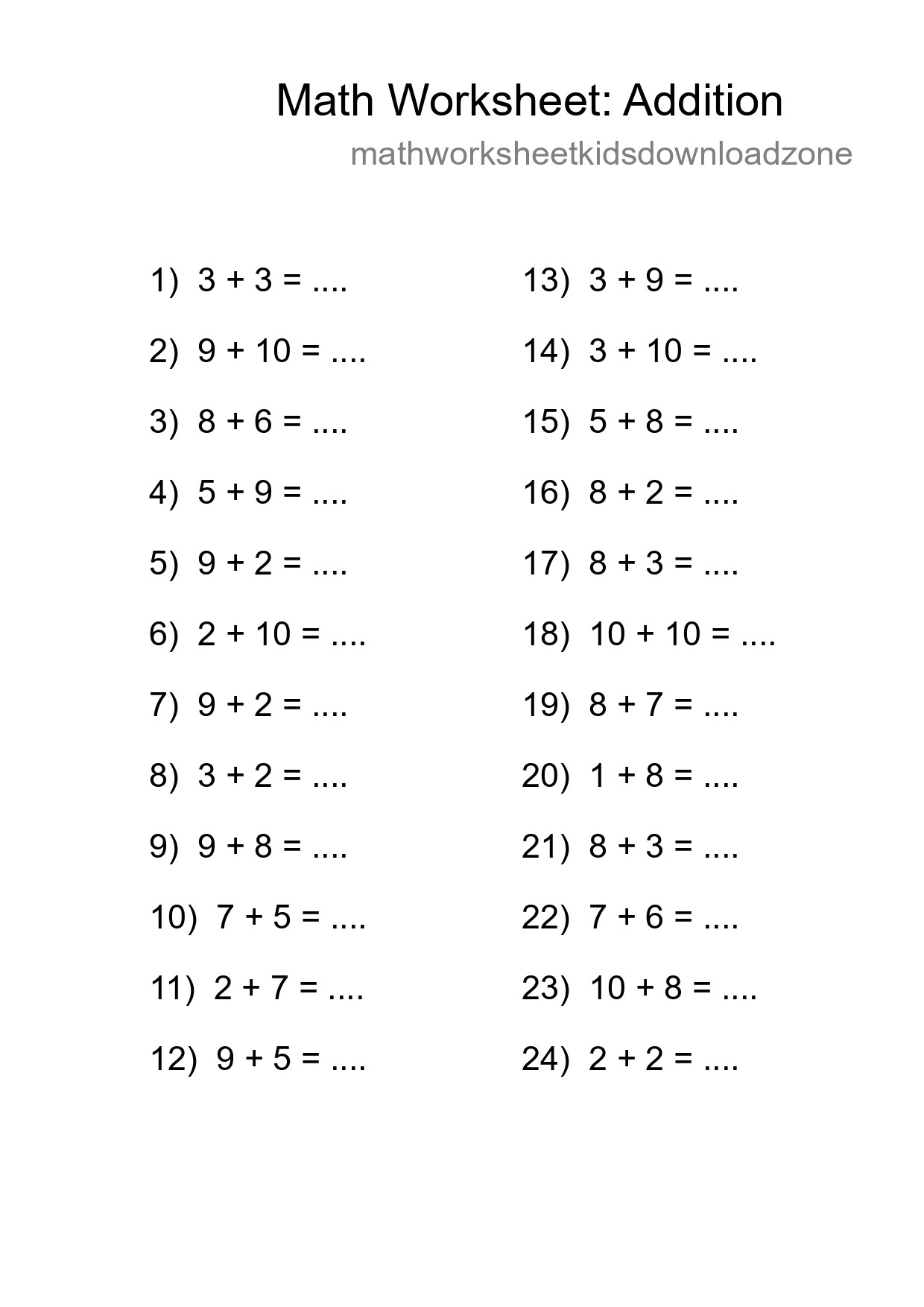 Printable Free 24 Addition Math Worksheet For Grade 1 - Part 23