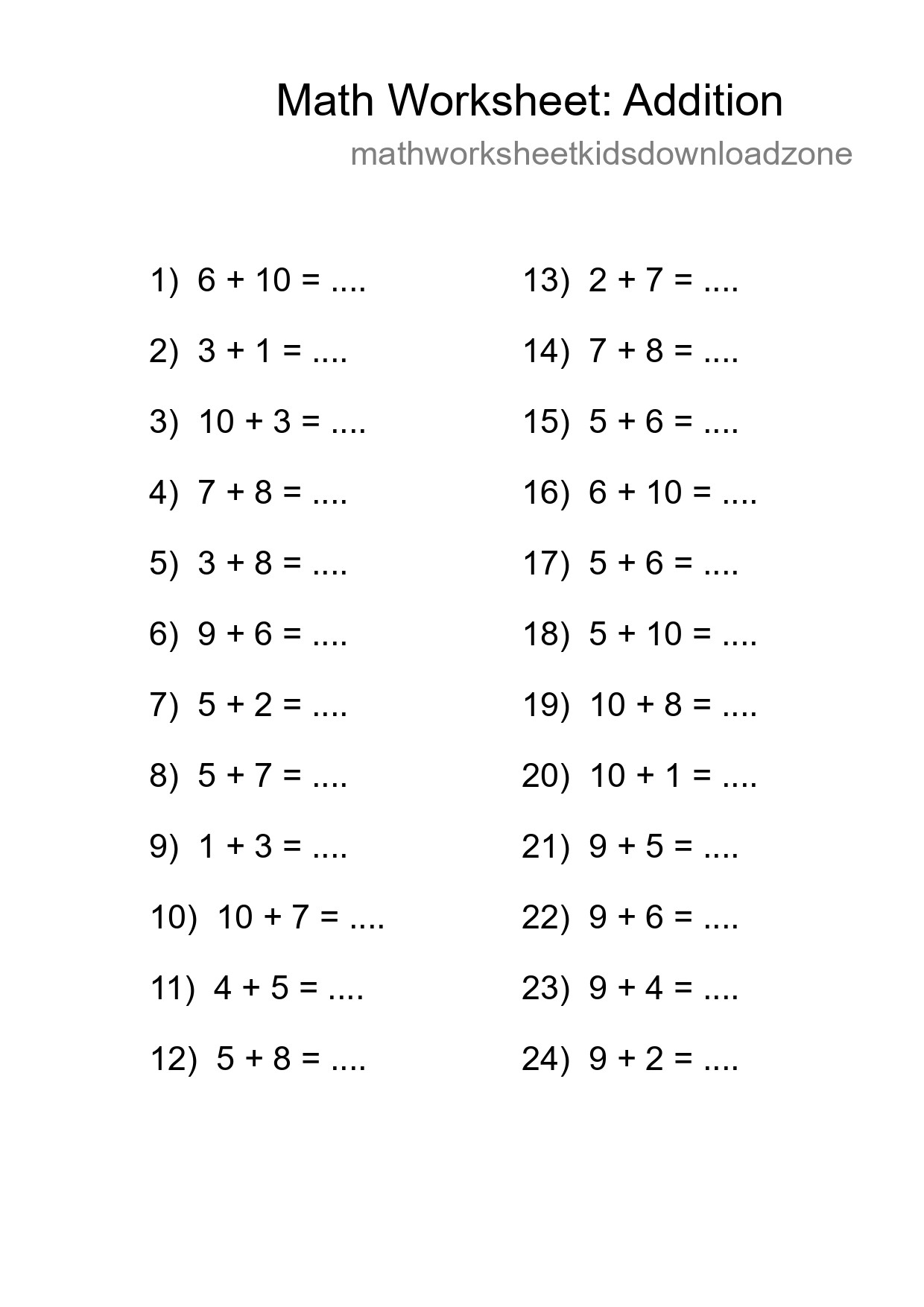 Printable Free 24 Addition Math Worksheet For Grade 1 - Part 78