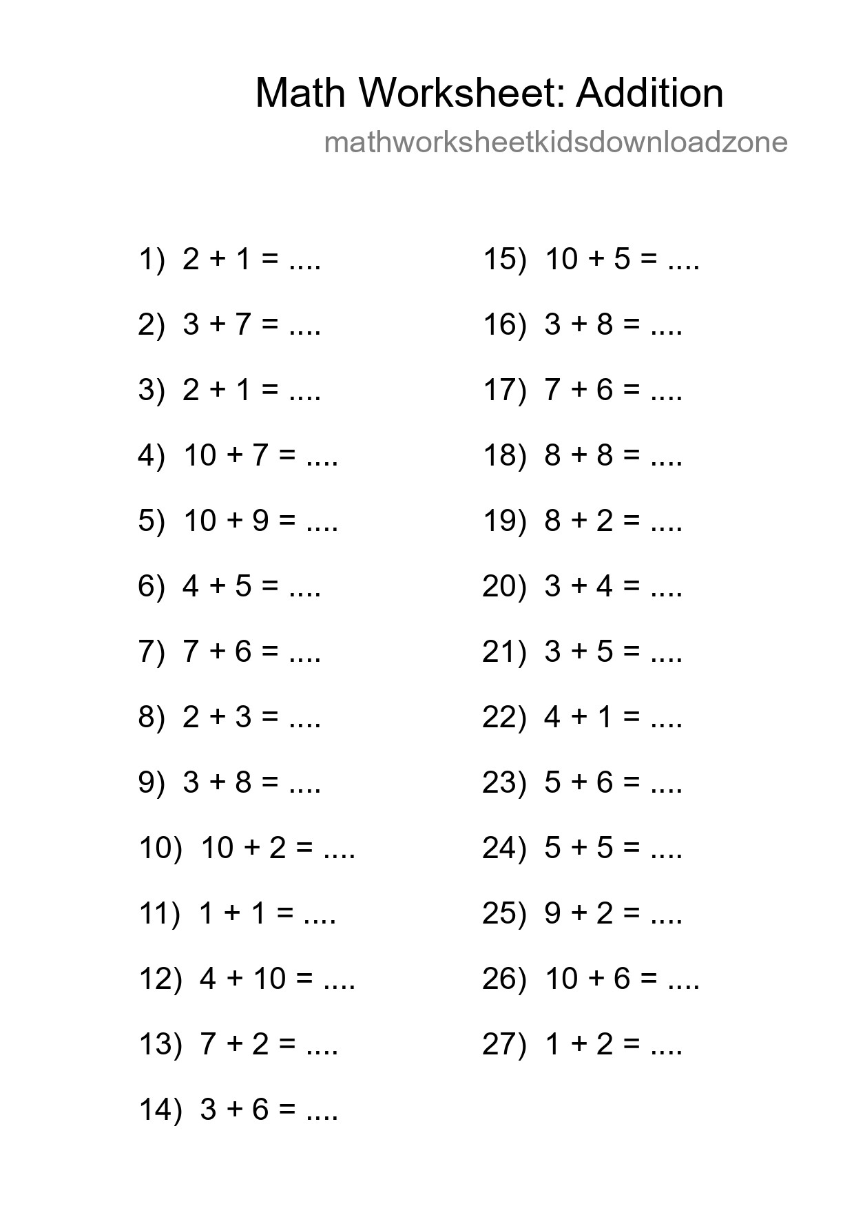 Printable Free 27 Addition Math Worksheet For Grade 1 - Part 89